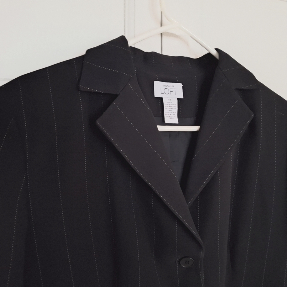 LOFT women's black blazer with white pin stripes